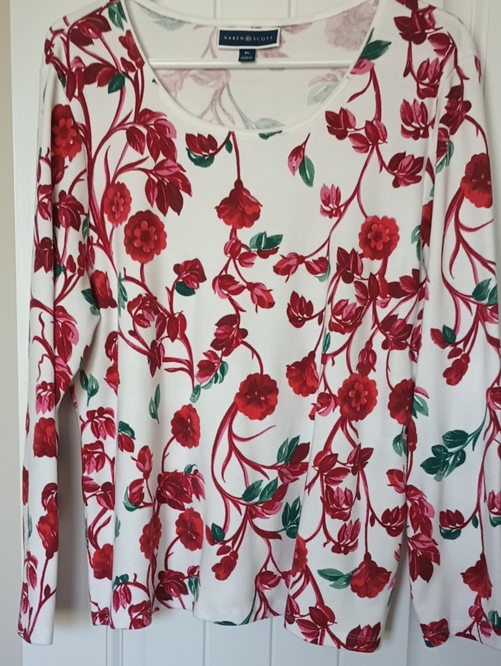 Karen Scott Floral Long Sleeve Top White Red Rose Print Size XL